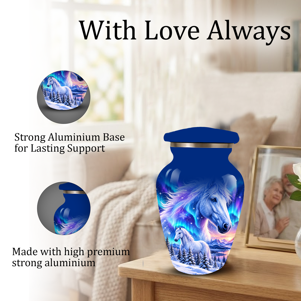 White Horse Cremation Urn for Adult Ashes, Blue Memorial Urn with Snowy Mountain and Northern Lights Artwork