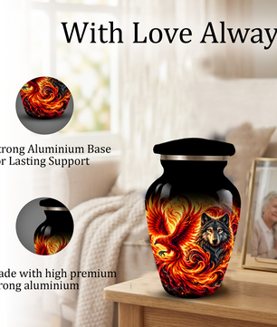 Phoenix and Wolf Cremation Urn for Adult Ashes, Fiery Red Phoenix and Wolf Adult Urn for Human Ashes