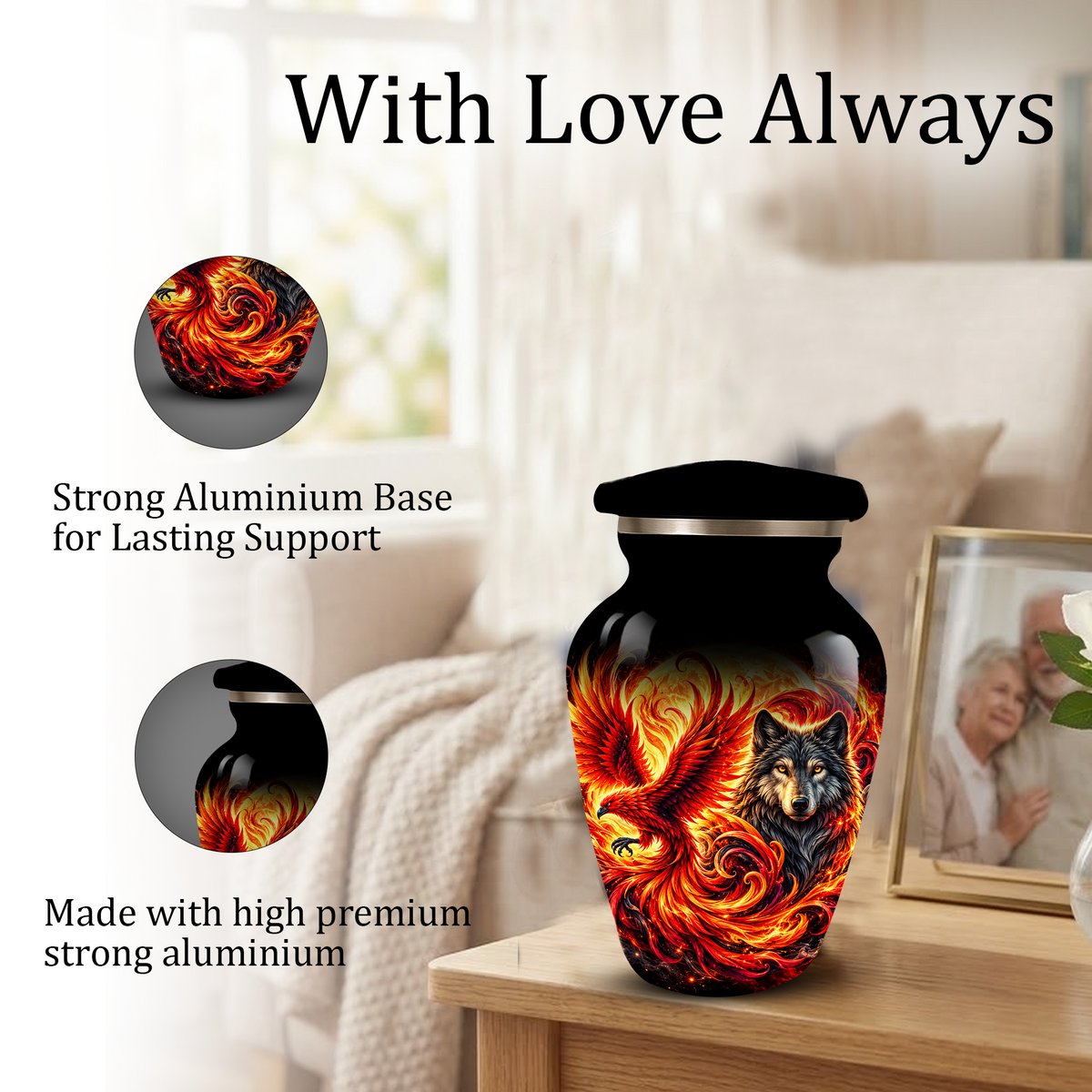 Phoenix and Wolf Cremation Urn for Adult Ashes, Fiery Red Phoenix and Wolf Adult Urn for Human Ashes