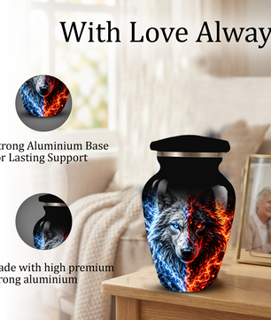 Personalized Adult Cremation Urn for Ashes, Custom Wolf Memorial Urn, Blue and Fire Red Dual Wolf Artwork