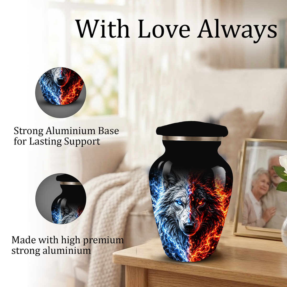Personalized Adult Cremation Urn for Ashes, Custom Wolf Memorial Urn, Blue and Fire Red Dual Wolf Artwork