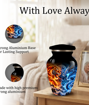 Personalized Adult Cremation Urn for Ashes, Fire and Ice Tiger and Dragon Memorial Urn