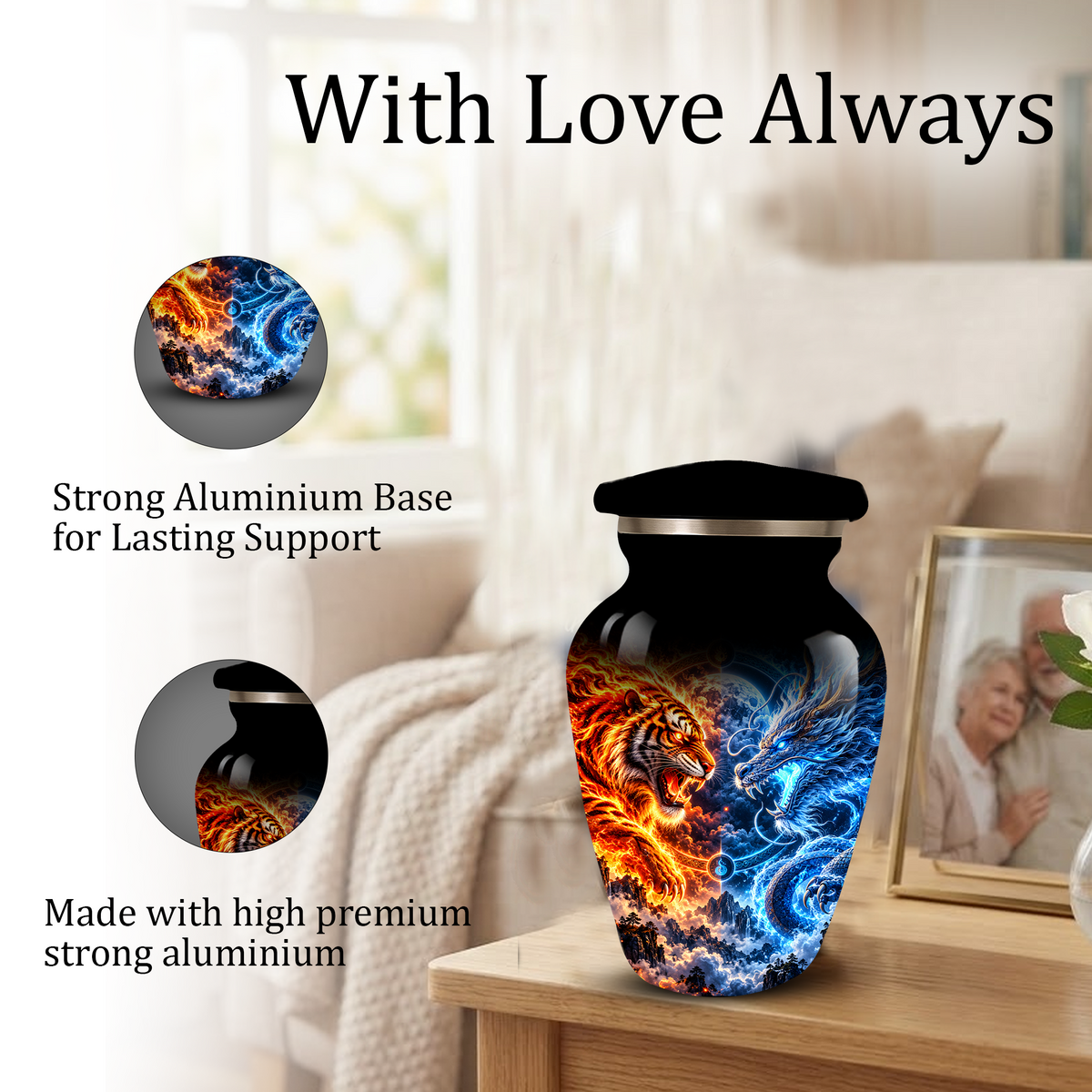 Personalized Adult Cremation Urn for Ashes, Fire and Ice Tiger and Dragon Memorial Urn