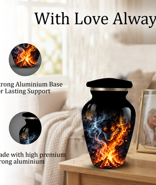 Personalized Adult Cremation Urn for Ashes, Fiery Wolf Memorial Urn, Black Wolf Cremation Urn