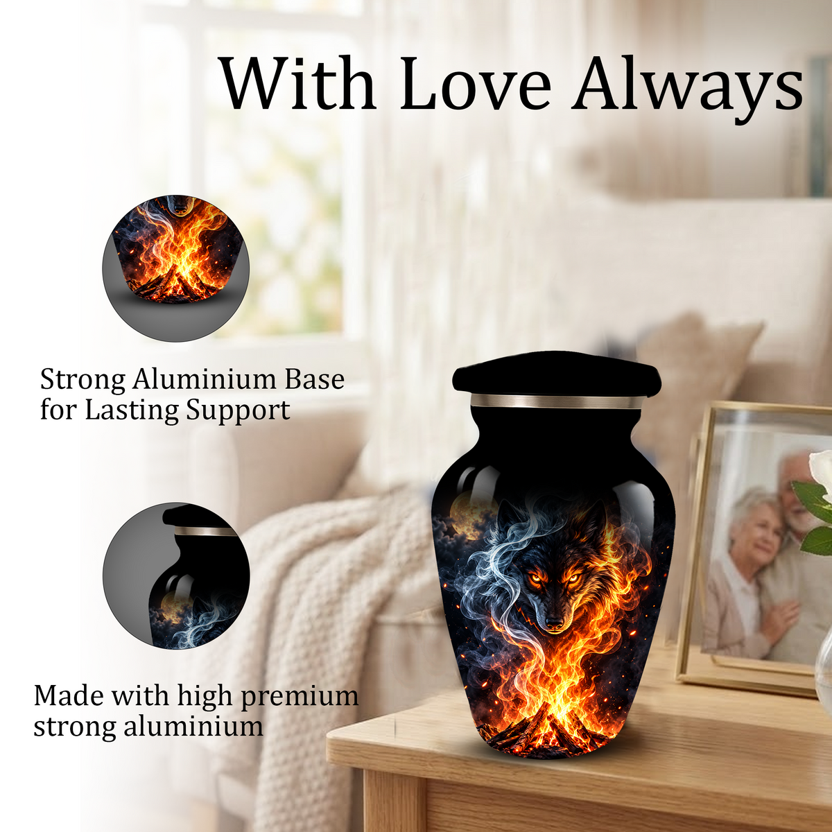 Personalized Adult Cremation Urn for Ashes, Fiery Wolf Memorial Urn, Black Wolf Cremation Urn