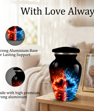Red and Blue Heart Cremation Urn for Adult Ashes, Personalized Memorial Urn with Fire and Water Design