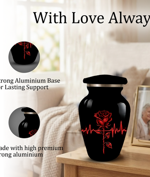 Red Rose Heartbeat Adult Urn for Ashes – Black Adult Cremation Urn, Memorial Urn for Adult Ashes