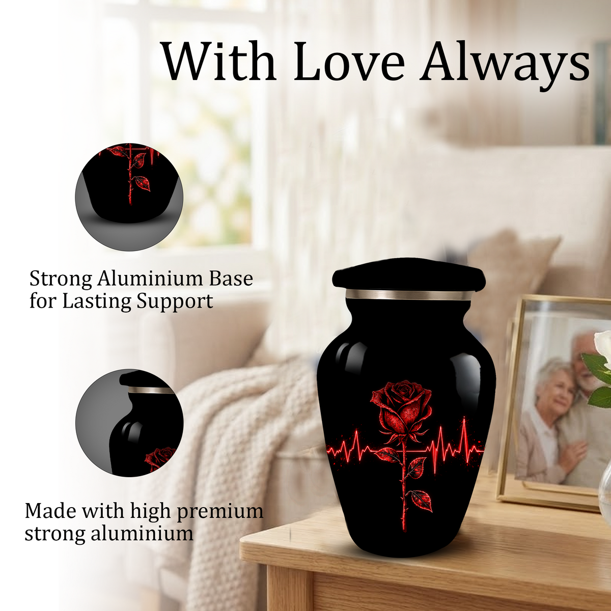 Red Rose Heartbeat Adult Urn for Ashes – Black Adult Cremation Urn, Memorial Urn for Adult Ashes