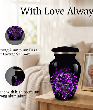 Purple Rose Adult Urn for Ashes – Gothic Floral Design Black Cremation Urn for Adults