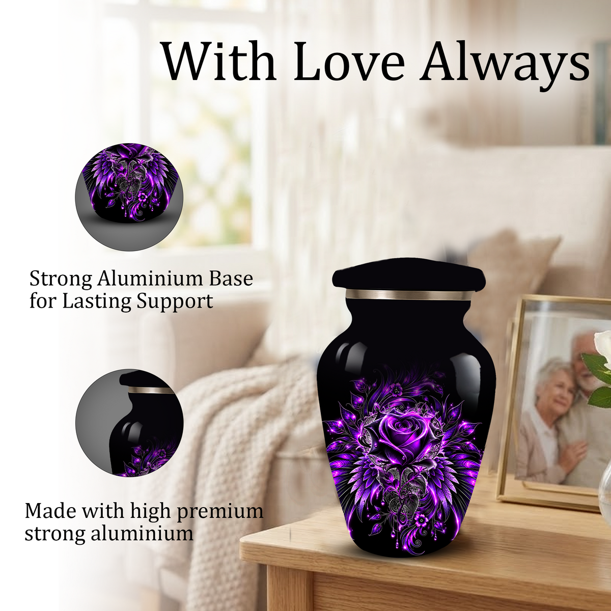 Purple Rose Adult Urn for Ashes – Gothic Floral Design Black Cremation Urn for Adults