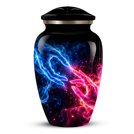 Cosmic Hands Cremation Urn for Adult Ashes, Blue and Pink Galaxy Memorial Urn, Personalized Funeral Urn for Human Ashes, Celestial Keepsake