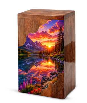 Sunset Wooden Cremation Urn – Mountain Lake Memorial Urn for Human Ashes