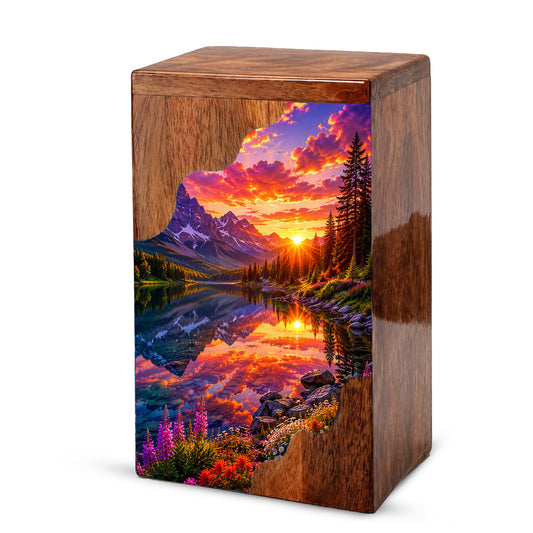 Sunset Wooden Cremation Urn – Mountain Lake Memorial Urn for Human Ashes