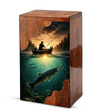 Personalized Wooden Cremation Urn – Fishing Memorial Urn | Gone Fishing Wooden Urn for Dad