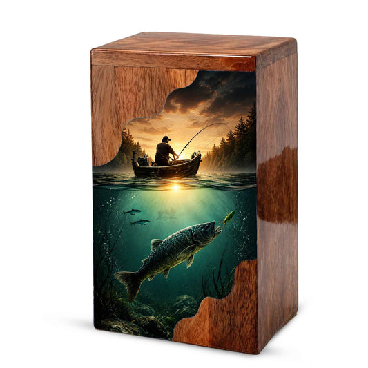 Personalized Wooden Cremation Urn – Fishing Memorial Urn | Gone Fishing Wooden Urn for Dad