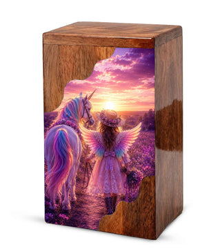 Angel Girl Wooden Cremation Urn – Fantasy Sunset Memorial Wooden Urn for Human Ashes