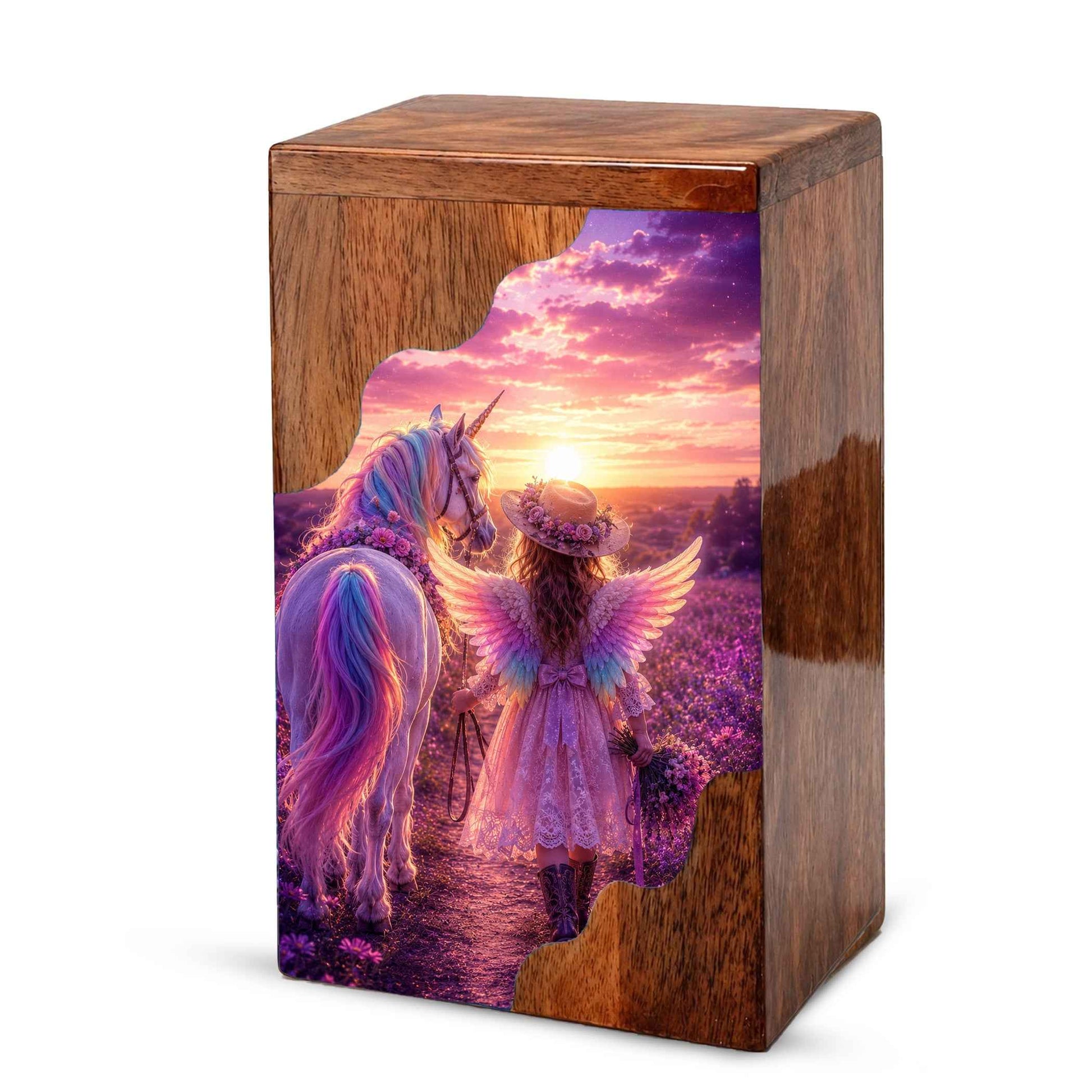 Angel Girl Wooden Cremation Urn – Fantasy Sunset Memorial Wooden Urn for Human Ashes
