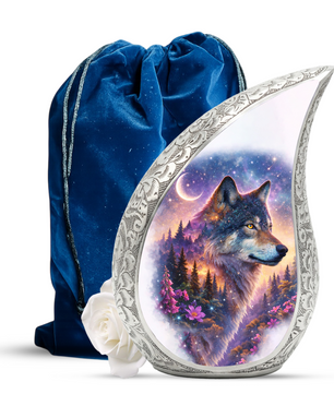 Personalized Wolf Dog Cremation Urn – Custom Pet Memorial Urn for Dog Ashes, Woodland Wolf Teardrop Aluminum Pet Urn, 10 Inch