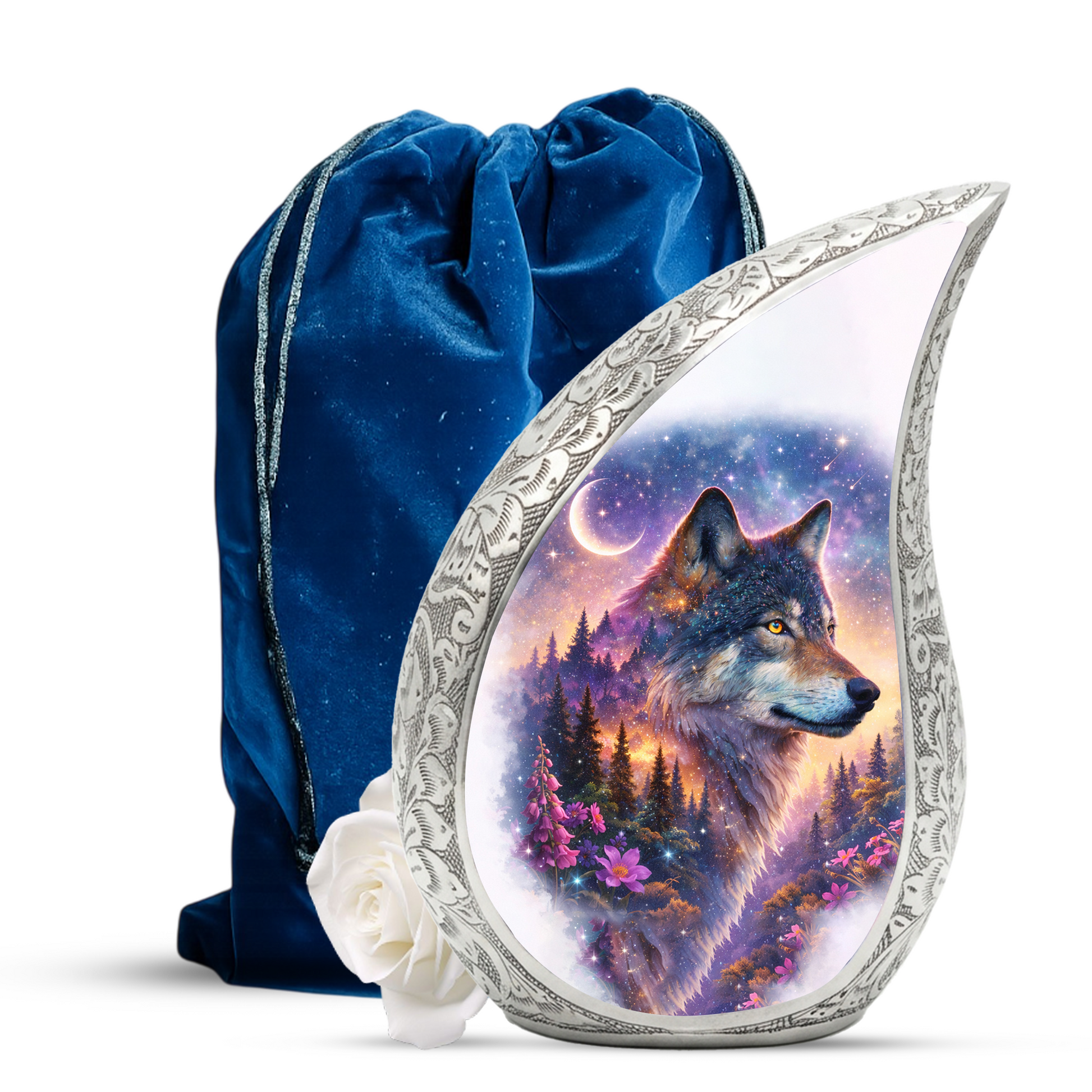 Personalized Wolf Dog Cremation Urn – Custom Pet Memorial Urn for Dog Ashes, Woodland Wolf Teardrop Aluminum Pet Urn, 10 Inch