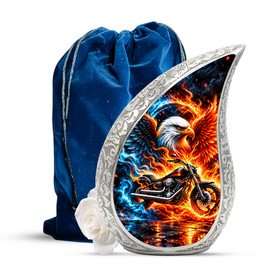 Motorcycle Cremation Urn for Ashes, Eagle Fire Memorial Urn