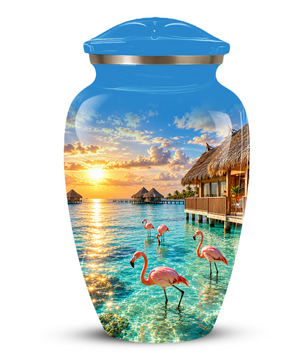 Adult Cremation Urn for Ashes, Personalized Aluminum Adult Urn, Tropical Beach Flamingo Memorial Urn