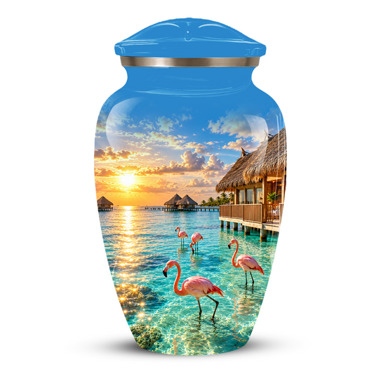 Adult Cremation Urn for Ashes, Personalized Aluminum Adult Urn, Tropical Beach Flamingo Memorial Urn