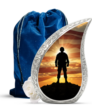 Patriotic Soldier Personalized Cremation Urn – Teardrop Style Aluminum Memorial Urn, 10 Inch
