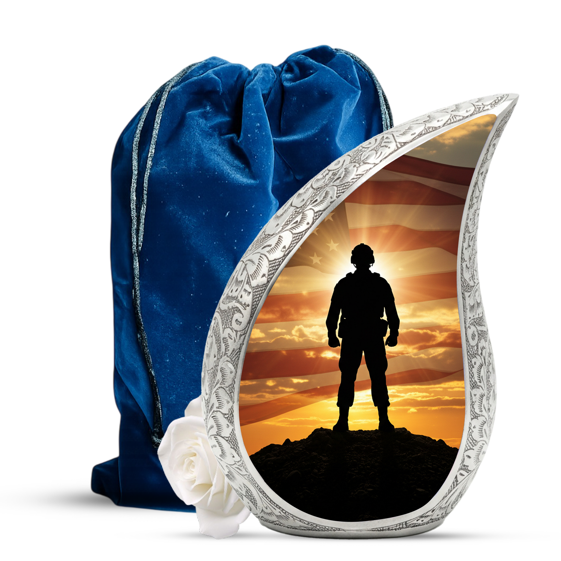 Patriotic Soldier Personalized Cremation Urn – Teardrop Style Aluminum Memorial Urn, 10 Inch