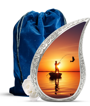 Fishing Personalized Cremation Urn for Dad – Teardrop Style Aluminum Memorial Urn, 10 Inch
