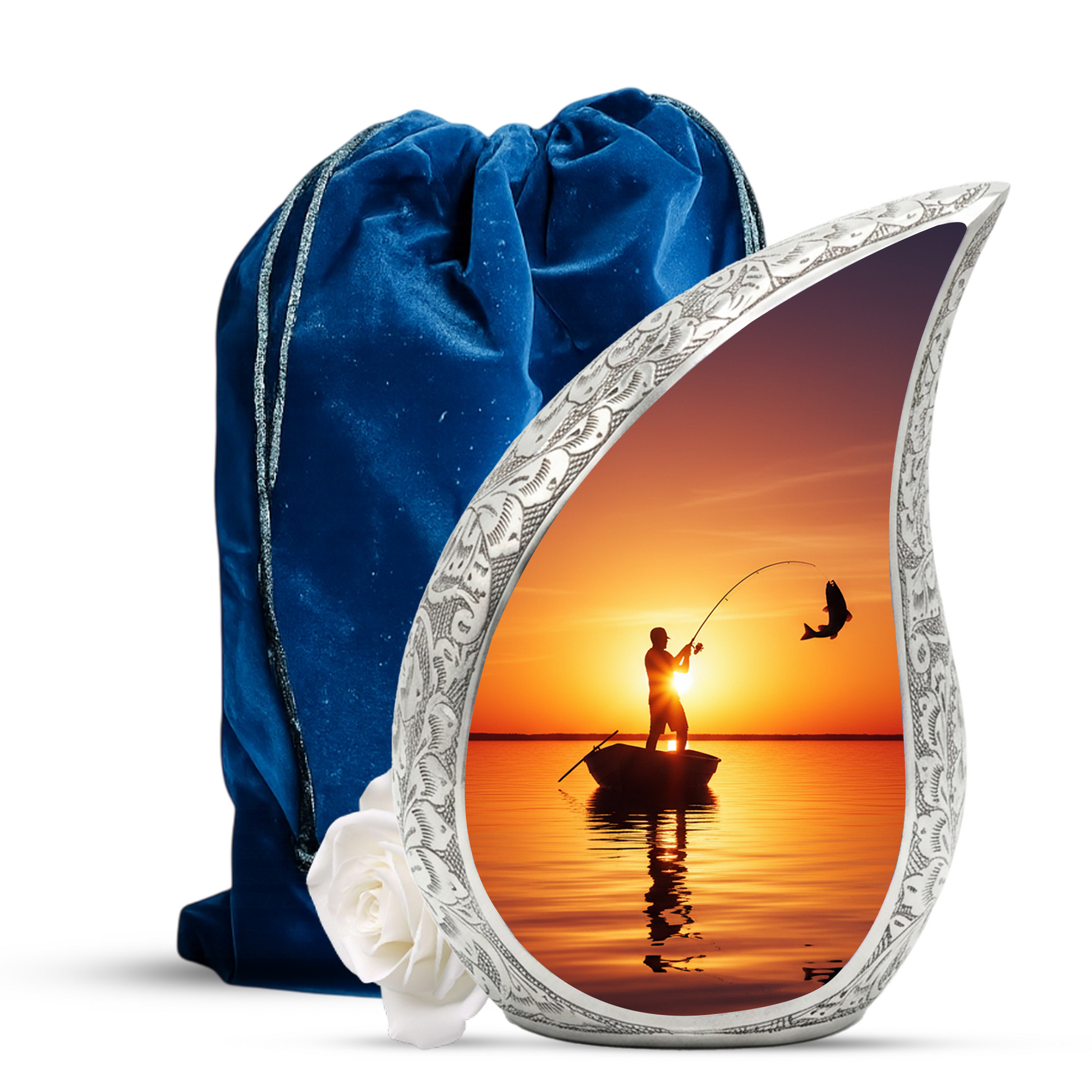 Fishing Personalized Cremation Urn for Dad – Teardrop Style Aluminum Memorial Urn, 10 Inch