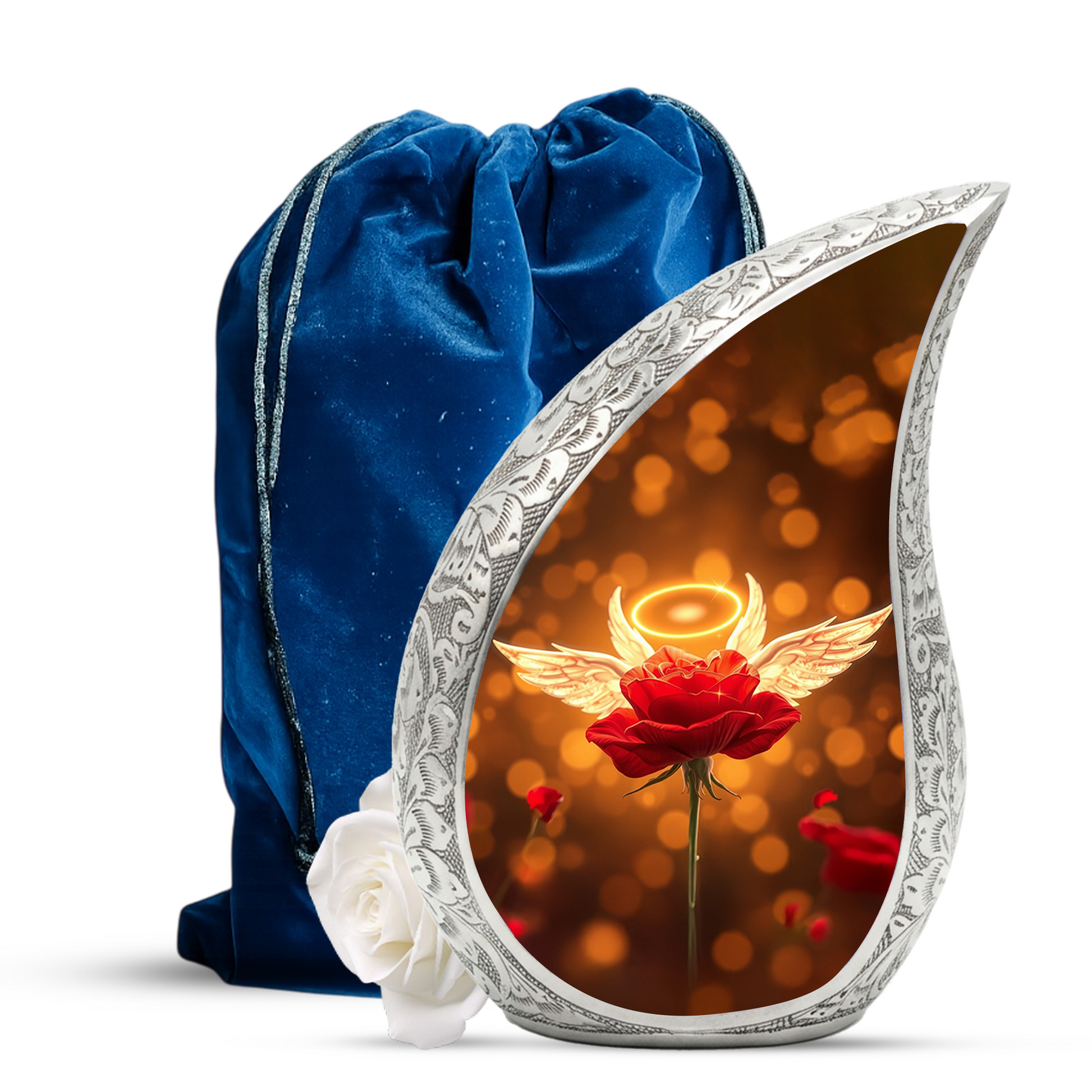 Angel Rose Personalized Cremation Urn – Teardrop Memorial Urn for Ashes | 10 Inch Aluminum Urn
