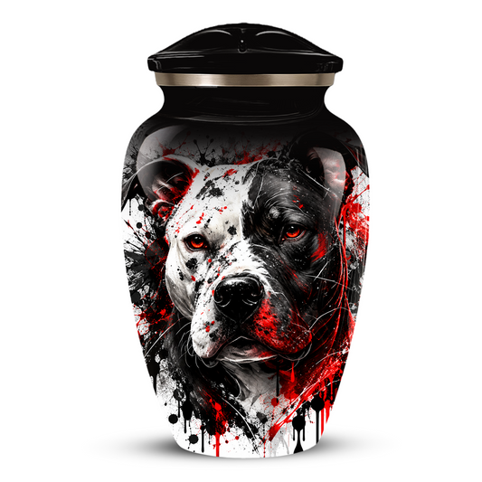Personalized Pitbull Cremation Urn for Ashes  Black and White Pet Portrait Urn with Red Accents