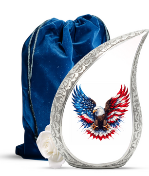 Personalized Patriotic Eagle Cremation Urn – Custom Memorial Urn for Dad, American Bald Eagle Teardrop Aluminum Adult Urn for Ashes, 10 Inch