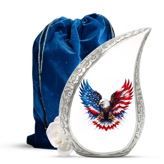 Personalized Patriotic Eagle Cremation Urn – Custom Memorial Urn for Dad, American Bald Eagle Teardrop Aluminum Adult Urn for Ashes, 10 Inch