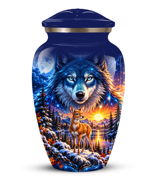 Personalized Wolf and Deer Adult Cremation Urn for Ashes, Wildlife Memorial Urn