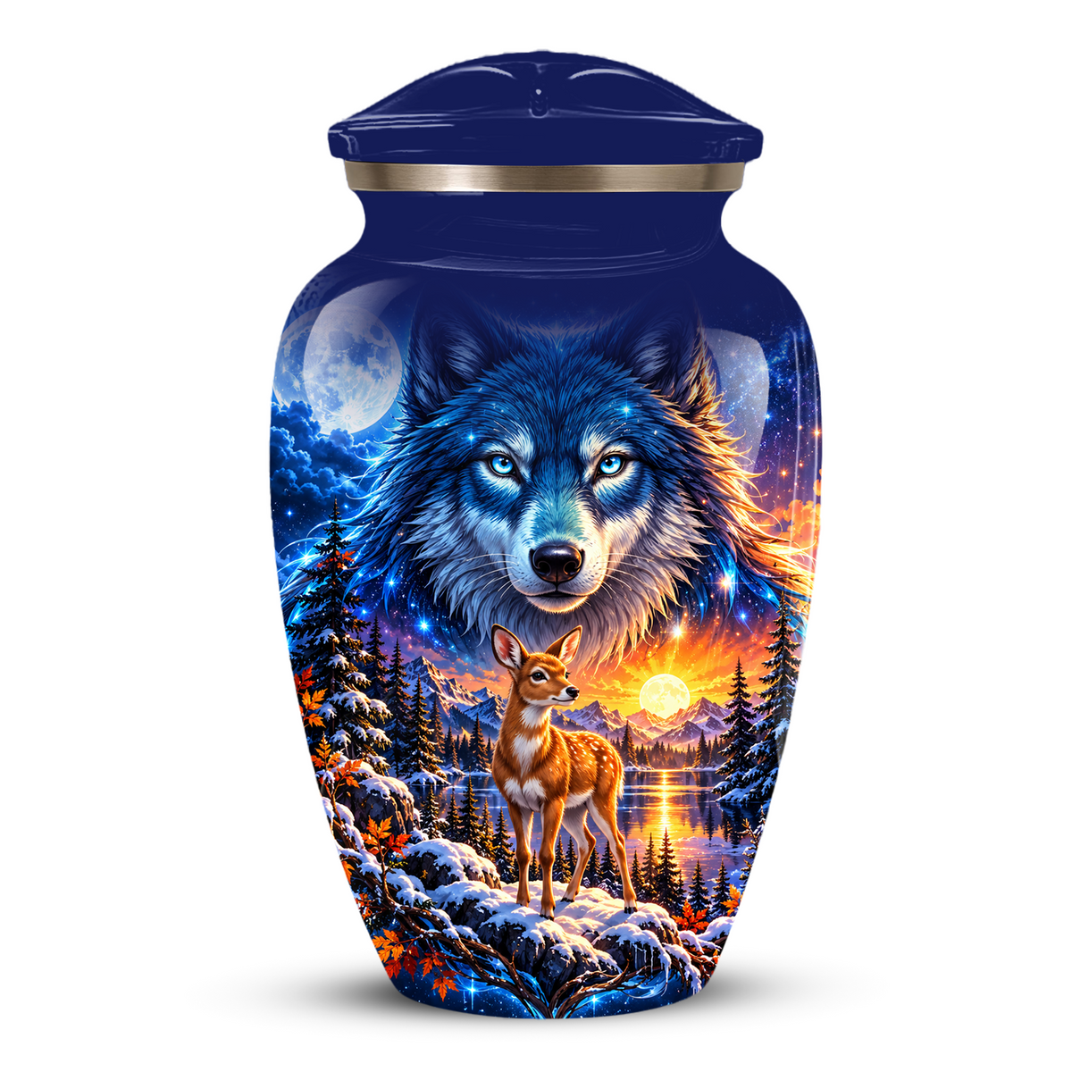 Personalized Wolf and Deer Adult Cremation Urn for Ashes, Wildlife Memorial Urn