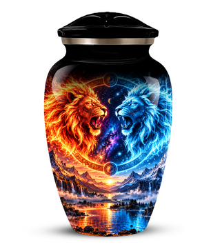 Personalized Adult Cremation Urn for Ashes, Fire and Ice Twin Lion Memorial Urn