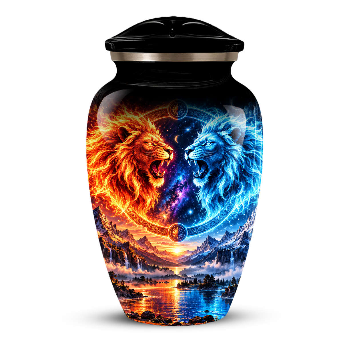 Personalized Adult Cremation Urn for Ashes, Fire and Ice Twin Lion Memorial Urn