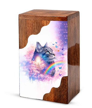 Wooden Cat Cremation Urn – Custom Cat Memorial Urn with Rainbow Bridge Design