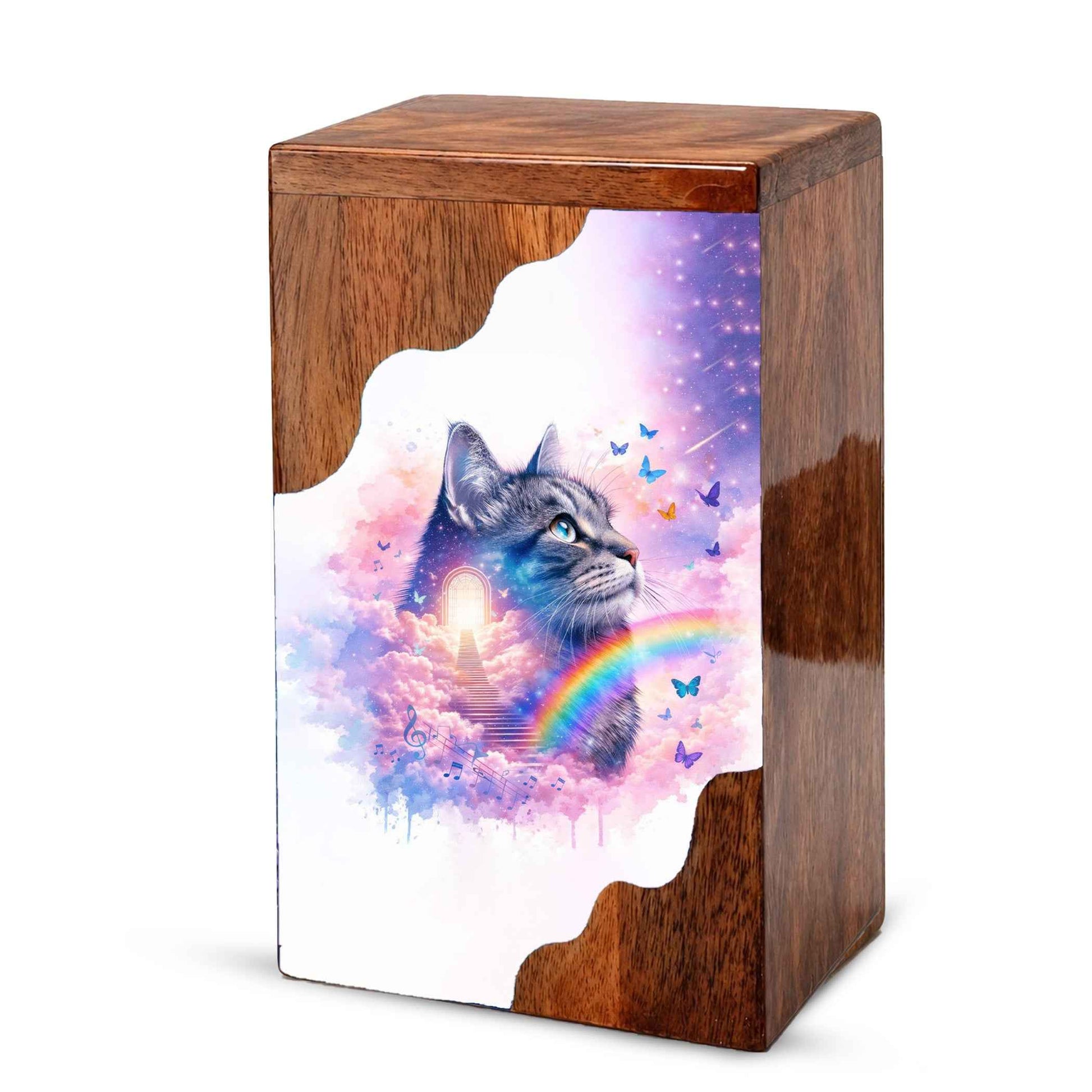 Wooden Cat Cremation Urn – Custom Cat Memorial Urn with Rainbow Bridge Design