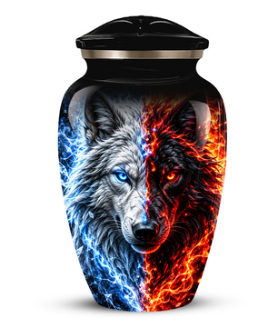 Personalized Adult Cremation Urn for Ashes, Custom Wolf Memorial Urn, Blue and Fire Red Dual Wolf Artwork