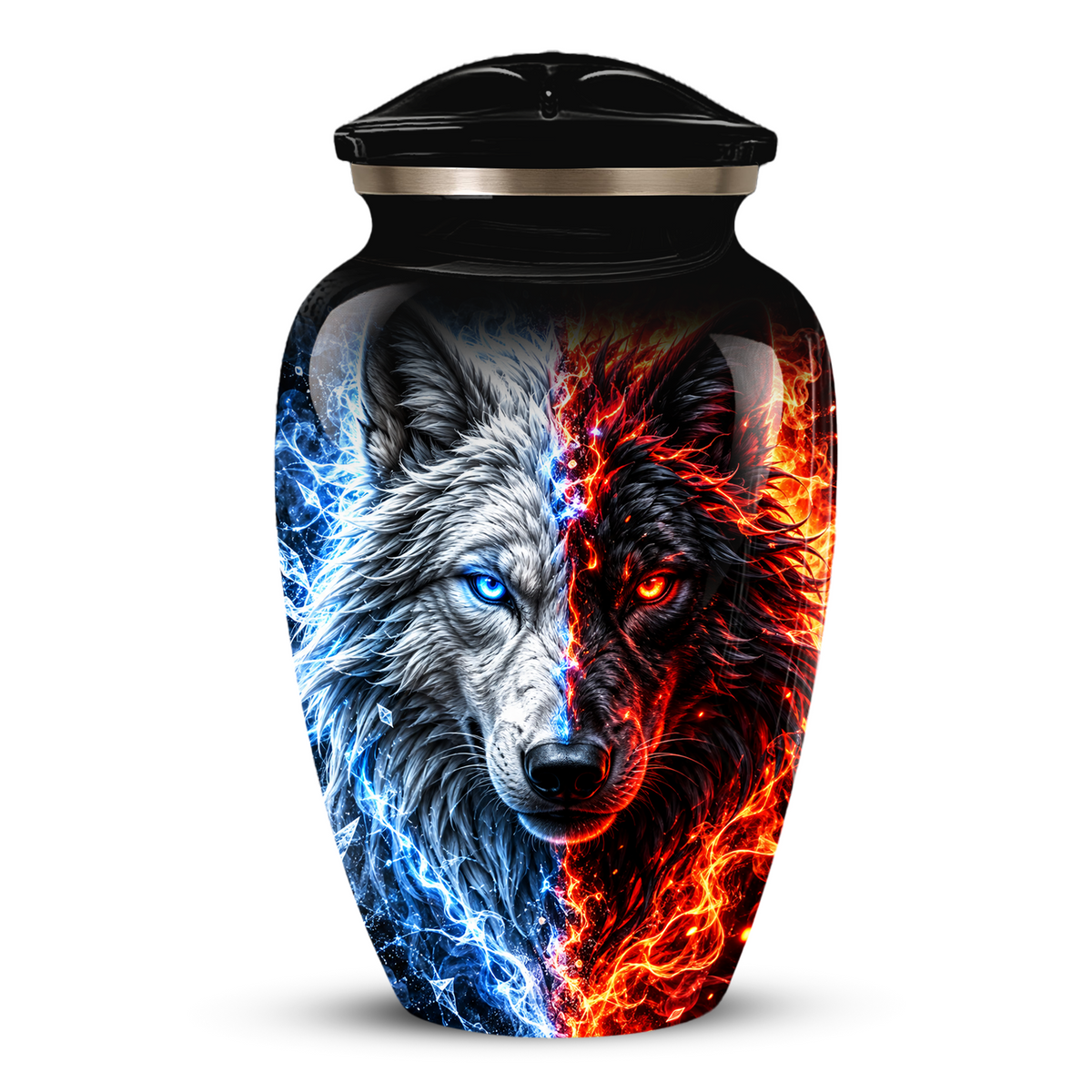 Personalized Adult Cremation Urn for Ashes, Custom Wolf Memorial Urn, Blue and Fire Red Dual Wolf Artwork