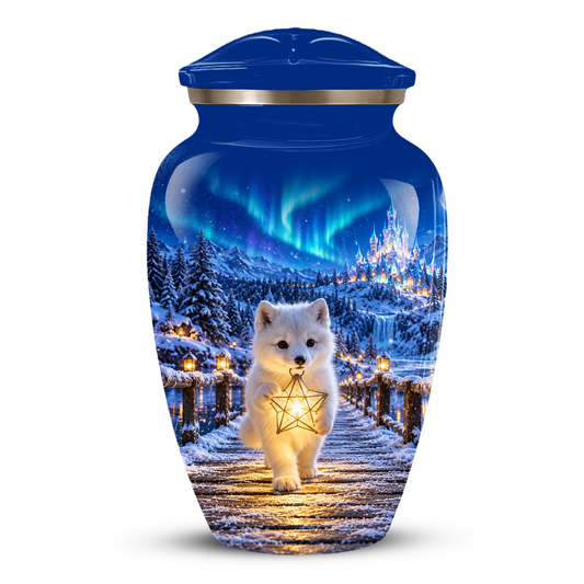 Arctic Puppy Cremation Urn for Adult Ashes, Personalized Blue Memorial Urn with Snowy Winter Wonderland Design