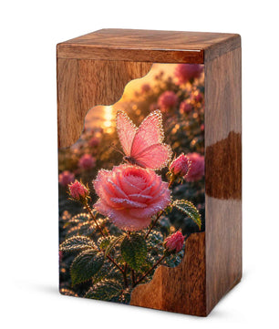 Pink Rose & Butterfly Wooden Cremation Urn – Personalized Memorial Urn for Human Ashes
