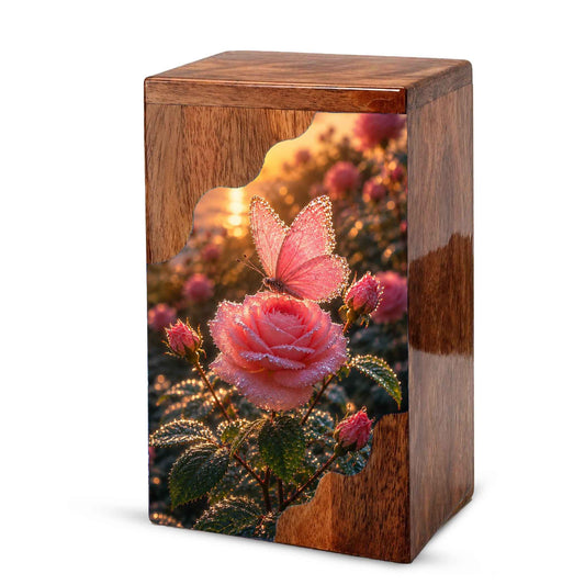 Pink Rose & Butterfly Wooden Cremation Urn – Personalized Memorial Urn for Human Ashes