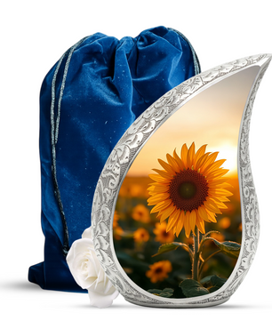Sunflower Personalized Cremation Urn – Teardrop Style Aluminum Memorial Urn, 10 Inch