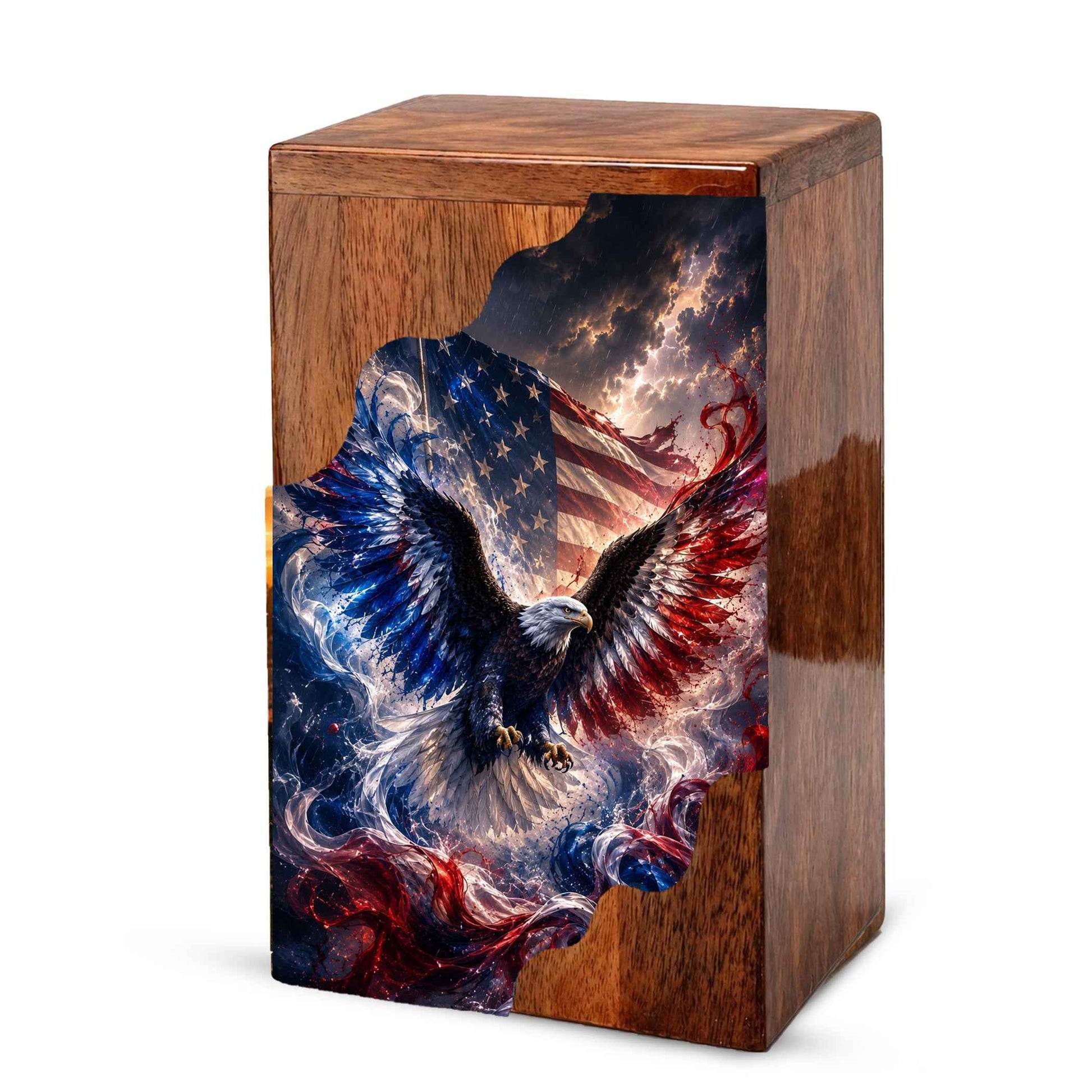 American Eagle Wooden Cremation Urn | Patriotic Veteran Urn for Dad