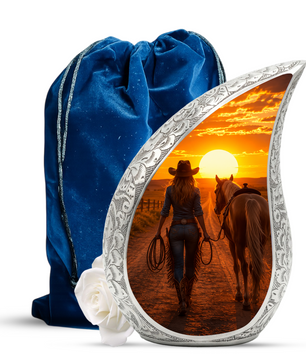 Cowgirl Sunset Urn for Mom – Western Horse Cremation Urn for Human Ashes