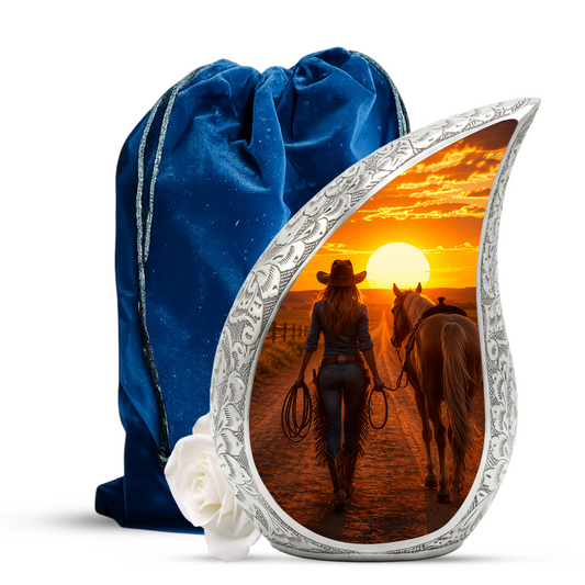 Cowgirl Sunset Urn for Mom – Western Horse Cremation Urn for Human Ashes