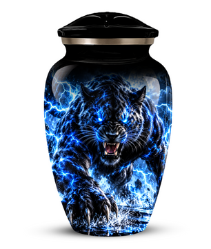 Black Panther Cremation Urn for Ashes, Blue Lightning Big Cat Urn for Human Ashes